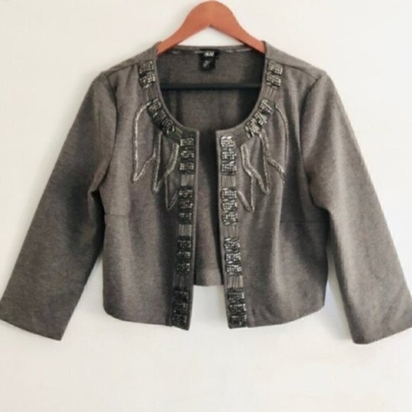 H&M Sweaters - H&M Cocktail Jacket M Cropped Thick Knit Embellished Beaded Open Front Gray